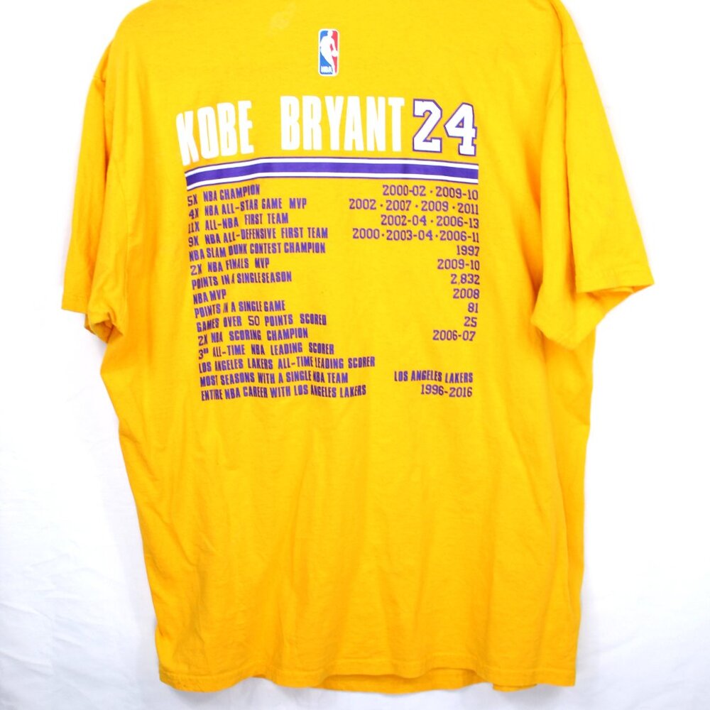 Adidas Kobe Bryant Men's Yellow LA Lakers #24 T-Shirt Double Sided Stats Size XL - Picture 4 of 5